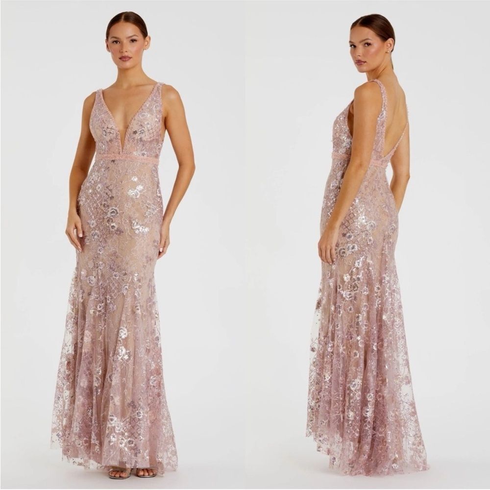 Pink Floral Embellished Sleeveless Plunge Neck Gown